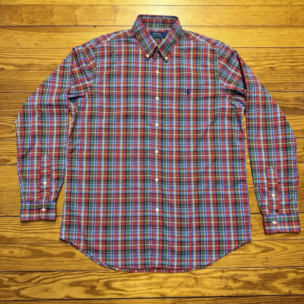 Polo Ralph Lauren Mens Large Classic Fit Performance Plaid Button Down Shirt Red